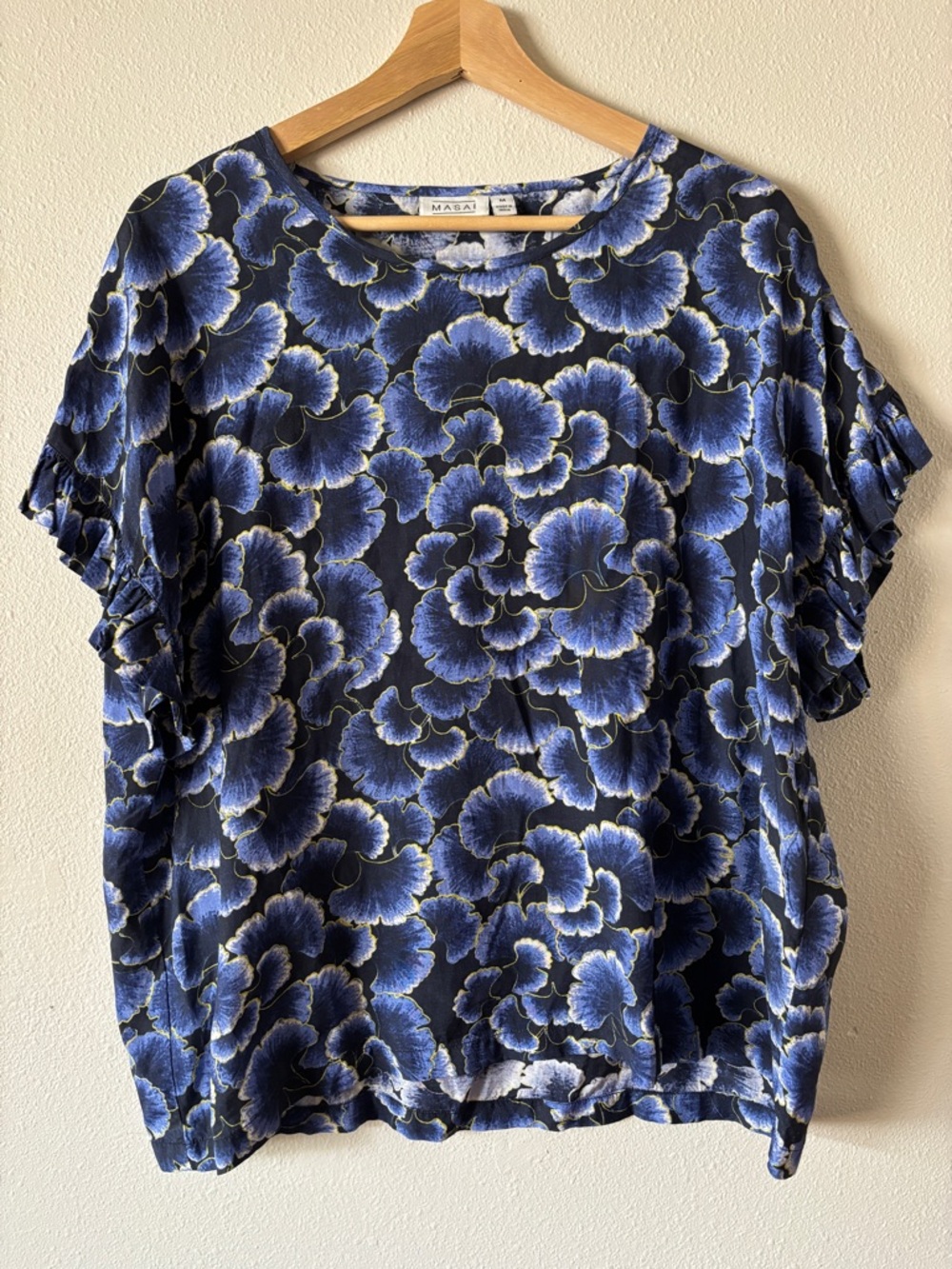Masai Copenhagen Blue Viscose Ginkgo Leaf Ruffle Sleeve Blouse size medium